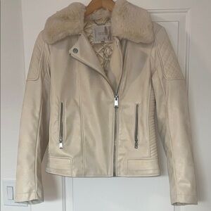 Guess Cream Moto Jacket with Plush Faux Fur Collar